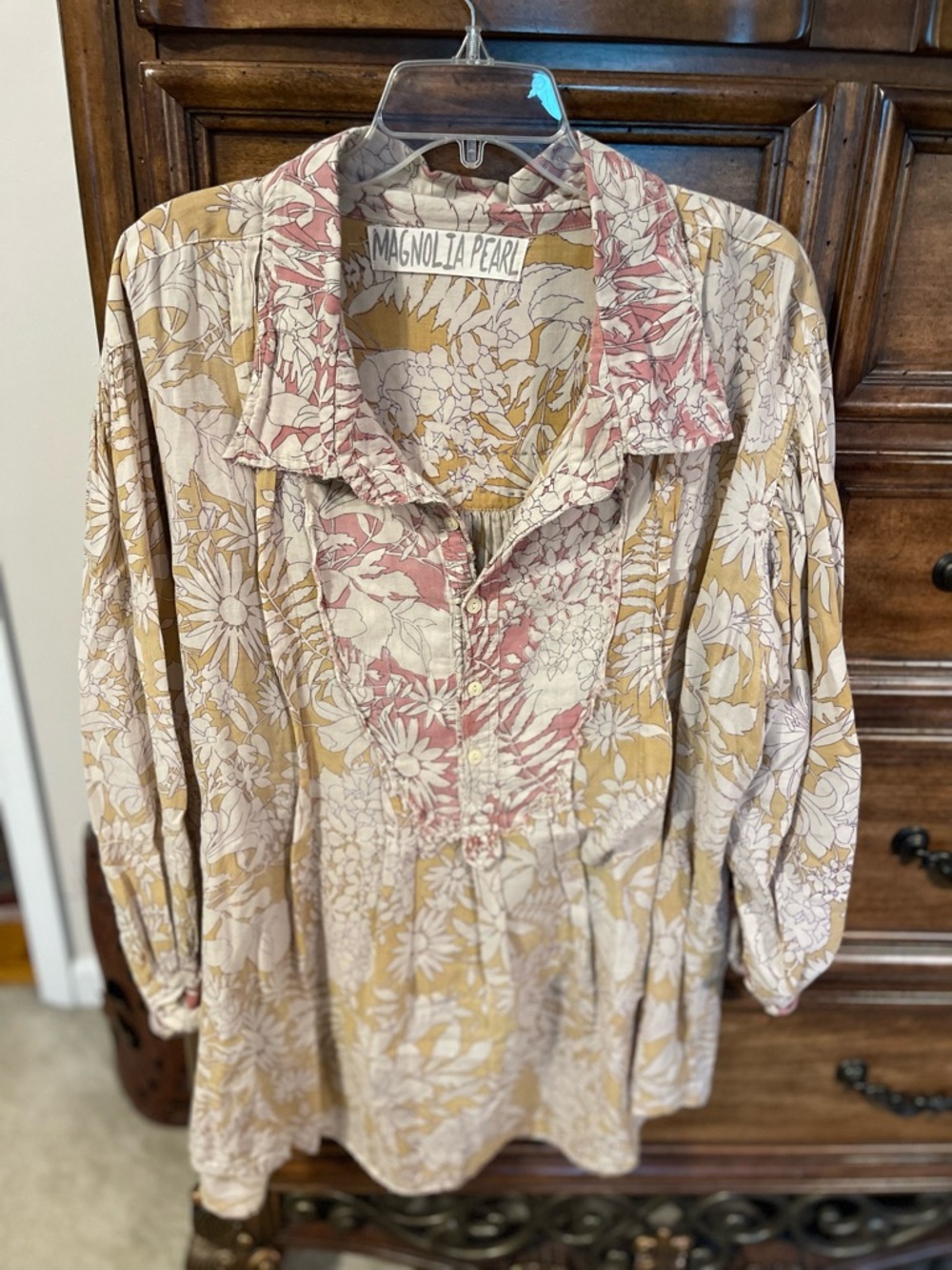 Magnolia Pearl Floral Button-Up Tunic in Dusty Pink and Mustard